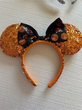 Disney Parks Halloween Sequin Orange Minnie Ears Headband with Black Bow